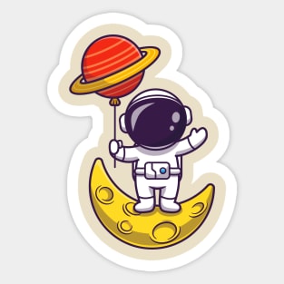 Cute Astronaut Standing On Moon And Holding Planet  Balloon Cartoon Sticker